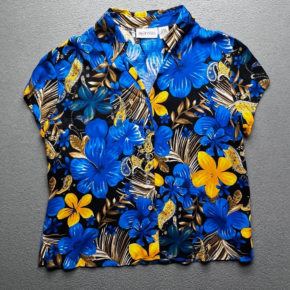 Apparenza Women Shirt Rayon Blue Yellow Floral Large Tropical Vintage Aesthetic